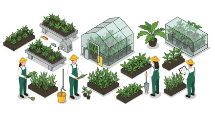 Isometric urban gardening greenhouse and horticulture activities for sustainable living