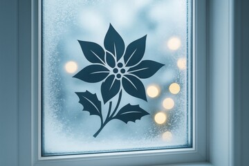 Frosted window with abstract black poinsettia flower and holly decal, glowing lights in background creating soft winter holiday ambiance.