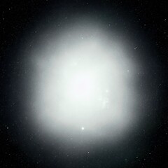 A luminous nebula glows brightly at its center, surrounded by a field of countless distant stars against a dark cosmic background.