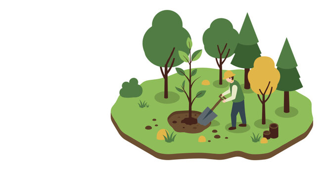 Isometric forest planting scene with gardener growing tree in nature