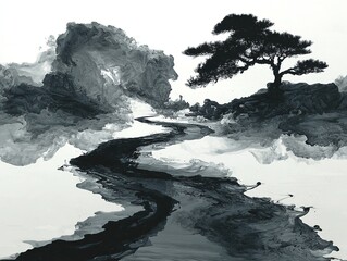 Abstract Chinese ink painting depicts black ink swirling in water, creating a dreamlike and ethereal landscape through expressive brushstrokes, negative space, and monochrome art.