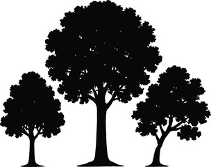 Silhouette of three trees against a solid white background