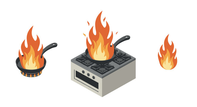Cooking safety alert flames on stove and pans in isometric design