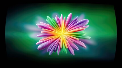 A single, abstract flower with many brightly colored petals radiating outwards from a central yellow core against a blurred green background.