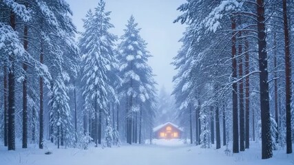 Illuminated cabin isolated snow covered forest winter twilight serene landscape mist fog pine trees atmospheric magical tranquil peaceful blue hour
- Powered by Adobe