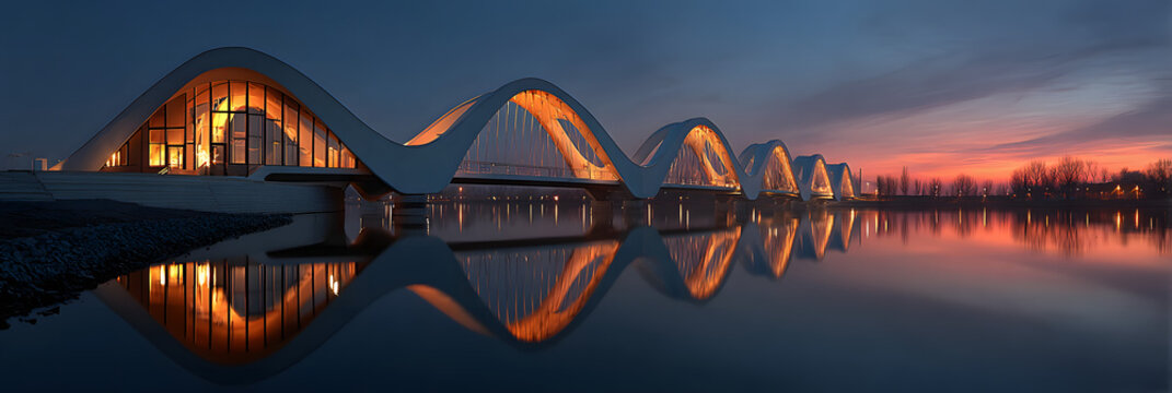 Serene Architectural Symmetry at Sunset: A captivating composition captures the graceful curves of a modern bridge, illuminated by warm lights against the twilight sky.