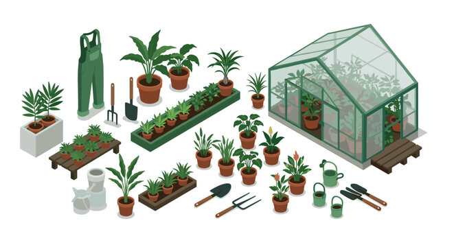 Isometric gardening essentials with greenhouse and potted plants collection