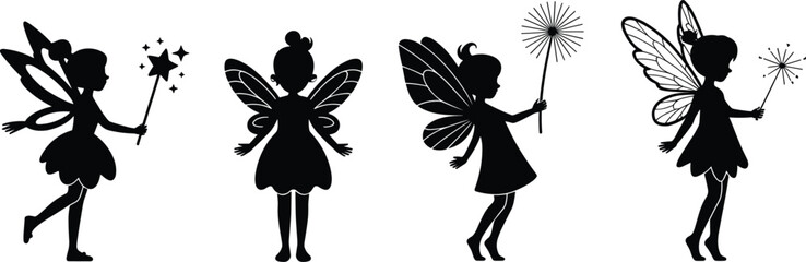 Cute fairy silhouettes with magic wands, fantasy illustration of fairies, magical girls with wings, whimsical design, fairytale and imagination art. © MstRuna
