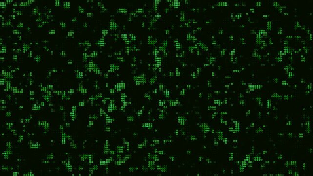 Green digital pixels flicker on dark background, data abstract motion effect. Futuristic matrix style animation for technology themes, coding visuals, and sci-fi motion design. Seamless loop 4k