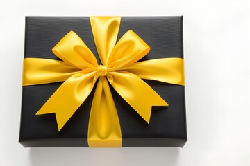 Luxurious black gift box with beautiful goldden ribbon on white background