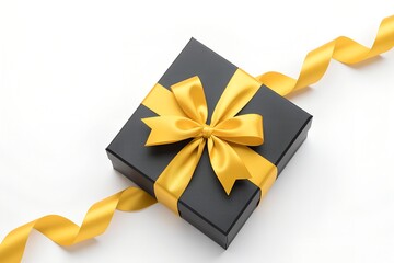 Luxurious black gift box with beautiful goldden ribbon on white background
