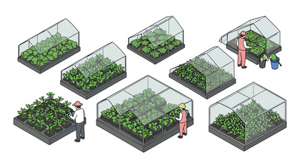 Isometric greenhouse farming urban agriculture with sustainable planting techniques