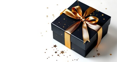 Luxurious black gift box with beautiful goldden ribbon on white background