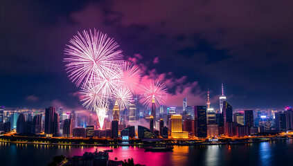 Fireworks Illuminate the Night Sky of Modern City and Embankment