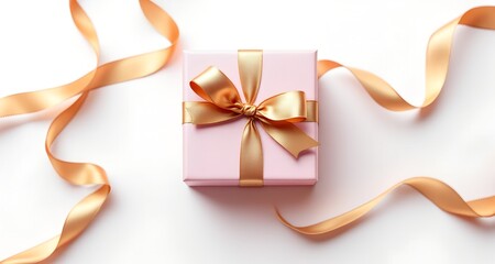 Luxurious pink gift box with beautiful goldden ribbon on white background