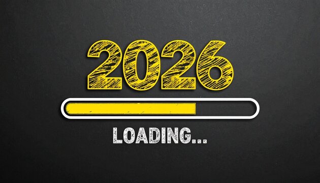 Textured “2026” with yellow loading bar on dark background