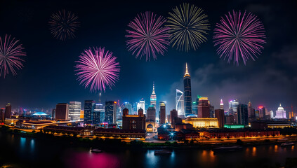 Obraz premium Colorful Fireworks Over Night City and River