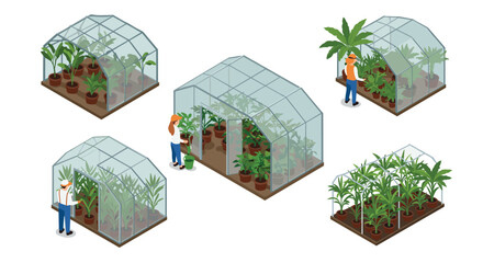 Fototapeta premium Isometric greenhouse gardening plants, people, and modern horticulture designs