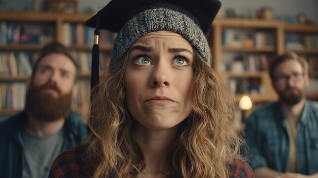 Puzzled young Caucasian woman in graduation cap looking up with friends in background at comic book crossroads - Powered by Adobe