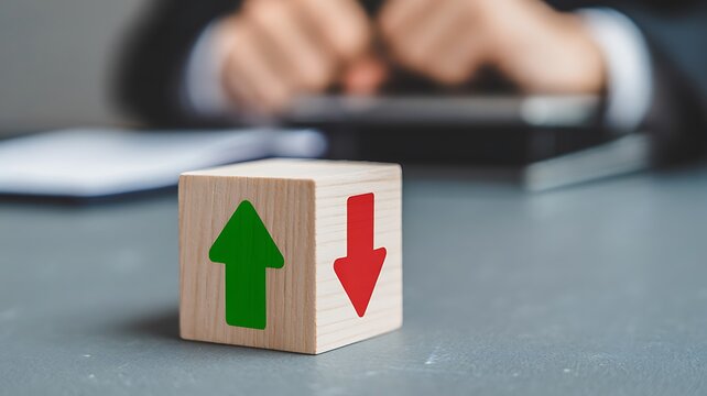 Wooden cube with green up arrow and red down arrow on table, symbolizing business growth, success, and financial market trends with blurred background