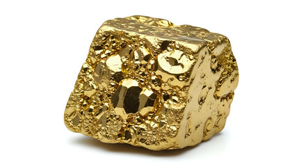 A single gold nugget with a rough texture sitting on a white surface in a studio setting showing detail