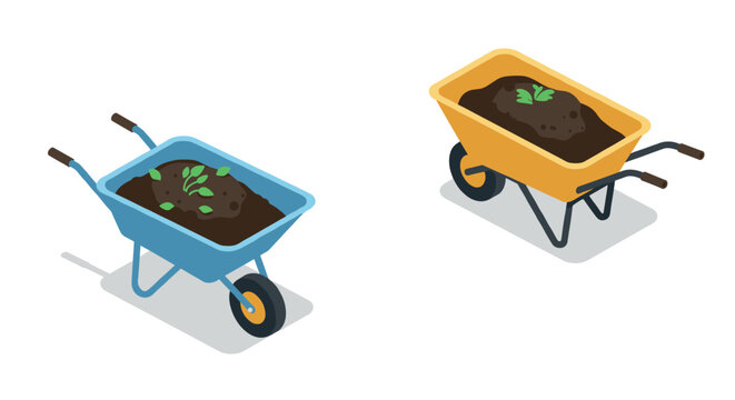 Isometric wheelbarrow with soil and plants in modern gardening design