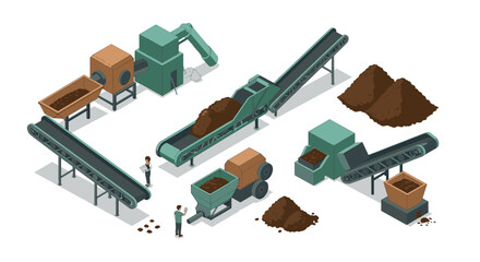 Obraz premium Isometric recycling plant with conveyor system and workers in action
