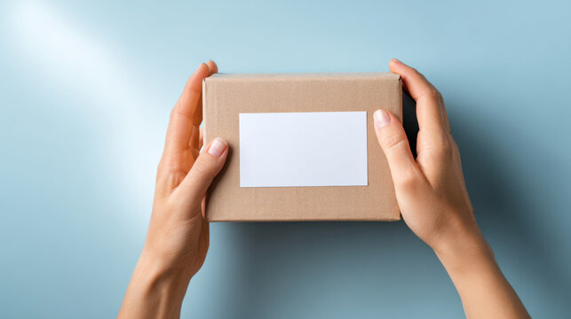 A cardboard box with a white label is being held by hands against a blue background - Powered by Adobe