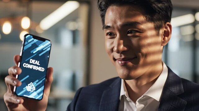 Asian businessman, wearing a suit, holding a smartphone displaying a deal confirmed message on the screen, symbolizing successful business agreement, online transaction, and digital achievement - Powered by Adobe