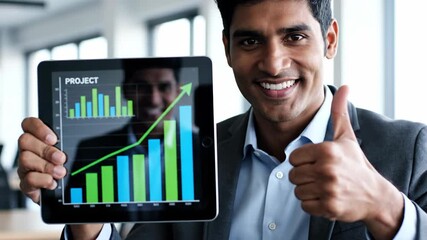 Smiling indian businessman presenting a digital tablet displaying an upward trending graph and bar chart, visualizing project success and financial growth - Powered by Adobe