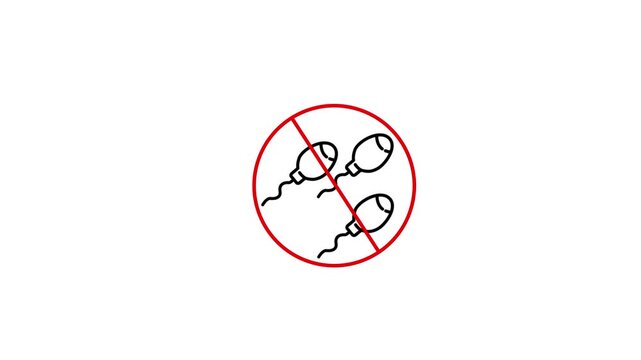 Red circle with a diagonal line over three sperm cells on a white background Keywords: sperm, fertility, reproduction, conception, no fertility, infertility, contraception, birth control, male