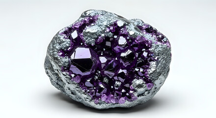 A close up shot of a geode with purple crystals and a metallic silver outer shell on a white background