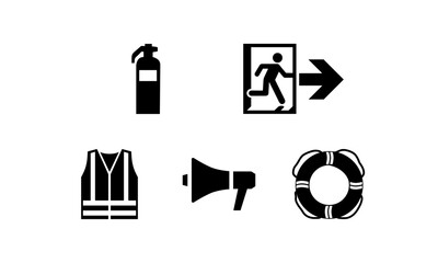 Set Piktogramme Sicherheit &ndash; Feuerl&ouml;scher, Notausgang, Sicherheitsweste, Megafon, Rettungsring (schwarz)