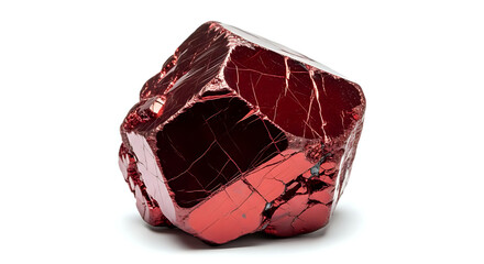 Close up shot of a red crystal mineral specimen with visible cracks on a white background surface