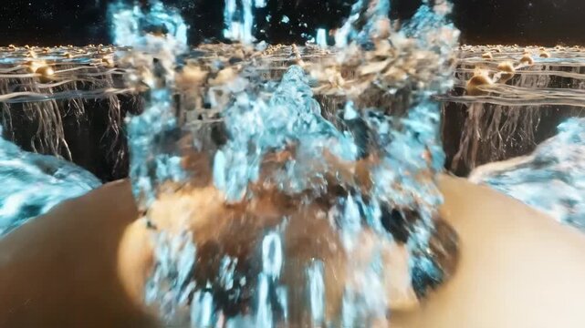 Neural network structure with interconnected golden nodes and blue glowing pathways representing data flow and complex computational processes across a digital landscape - Powered by Adobe