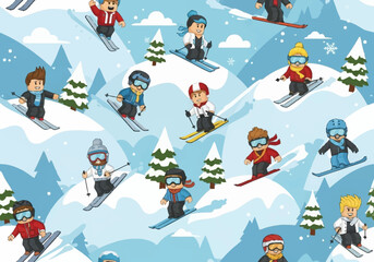 Diverse Group of People Enjoying Skiing Down Snowy Mountains.