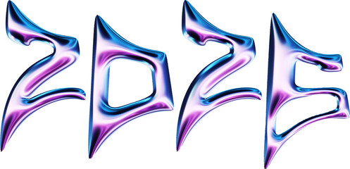 3D Rendered 2026 Metallic Numbers Iridescent Chrome Pink Gold Balloon Style Design