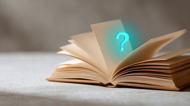 A book is open with a question mark symbol in the middle of it, suggesting curiosity or inquiry about its content