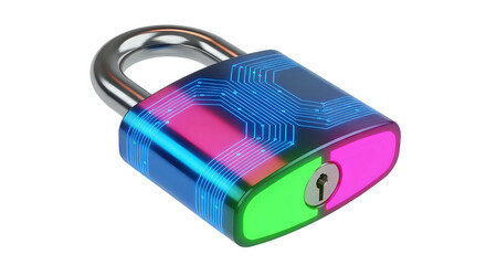 Close up of a padlock with circuit board design and vibrant colors on a white background view