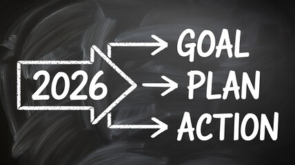 A chalkboard displays the year 2026 leading to goal, plan, and action, symbolizing strategic planning for the future