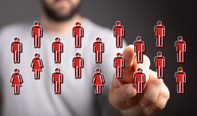 Man's hand touching digital people icons. Represents community, networking, social media, connection, and onlin