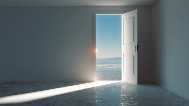 An open door leading to bright sunlight, symbolizing opportunity, hope, and a new chapter in life.