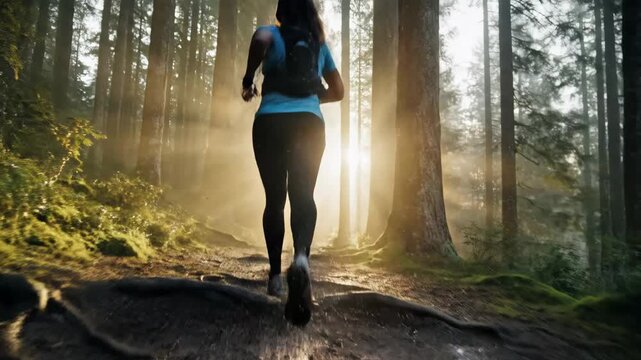 Woman running through a green forest on an unpaved trail, wearing athletic gear and a hydration pack, with morning sunlight streaming through the trees creating a misty atmosphere