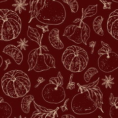 A hand-drawn line art seamless pattern with tangerines, cloves, and star anise on a red. Minimalist graphic illustration is perfect for Christmas packaging, mulled wine labels, festive textile design.
