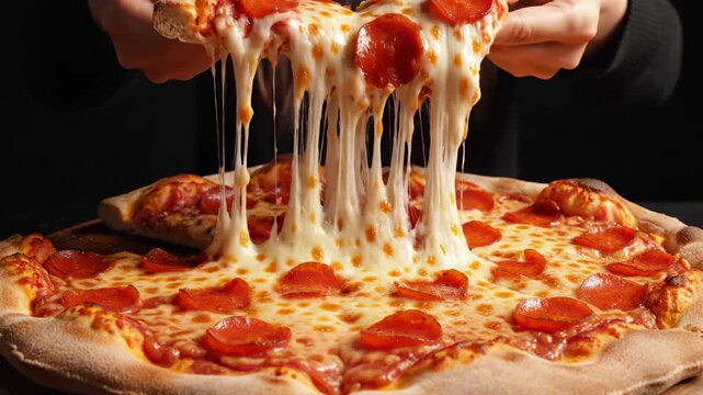Woman&rsquo;s hands grabbing a hot pepperoni and mozzarella pizza slice with gooey cheese pull, close-up at a casual table ready to enjoy a tasty, indulgent comfort food moment