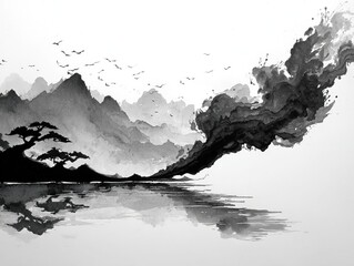 Abstract Chinese ink painting depicts black ink swirling in water, creating a dreamlike and ethereal landscape through expressive brushstrokes, negative space, and monochrome art.