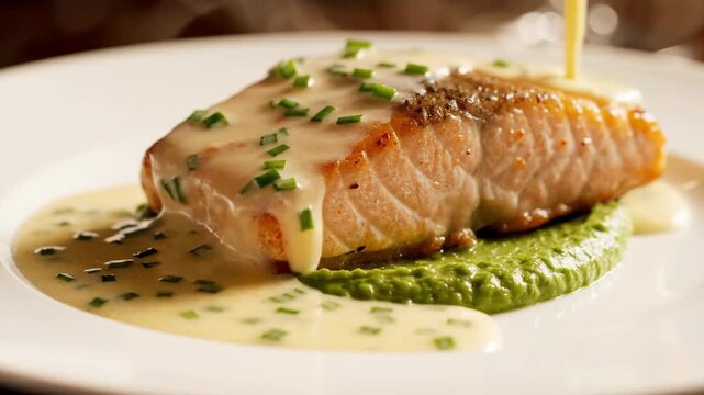 Grilled salmon fillet resting on a vibrant green pea puree, receiving a pour of creamy hollandaise sauce, creating a sophisticated and healthy gourmet meal on a white plate