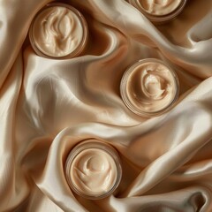 Jars of skin care creams placed among the folds of satin fabric demonstrate the concept of natural beauty.