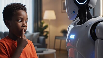 Young black child touching a white humanoid robot's chest screen with a finger, demonstrating curiosity and interaction with artificial intelligence technology in a modern home setting - Powered by Adobe