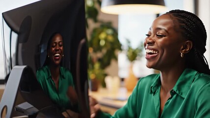 Happy diverse business woman smiling widely and enjoying a virtual meeting or communication on a computer screen in a modern office setup, reflecting joy and engagement - Powered by Adobe